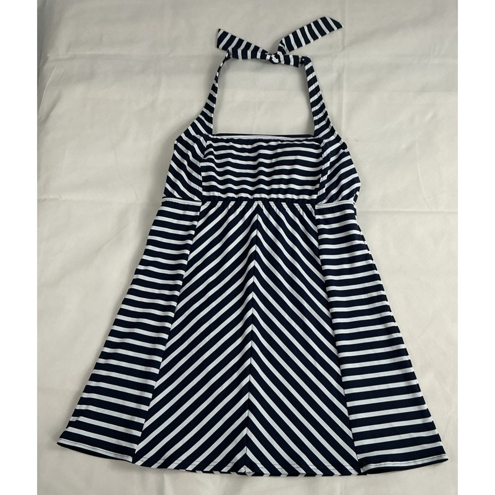 Lands' End Swim Dress Navy White Striped Halter Neck Flowy Fit Underwire 10D